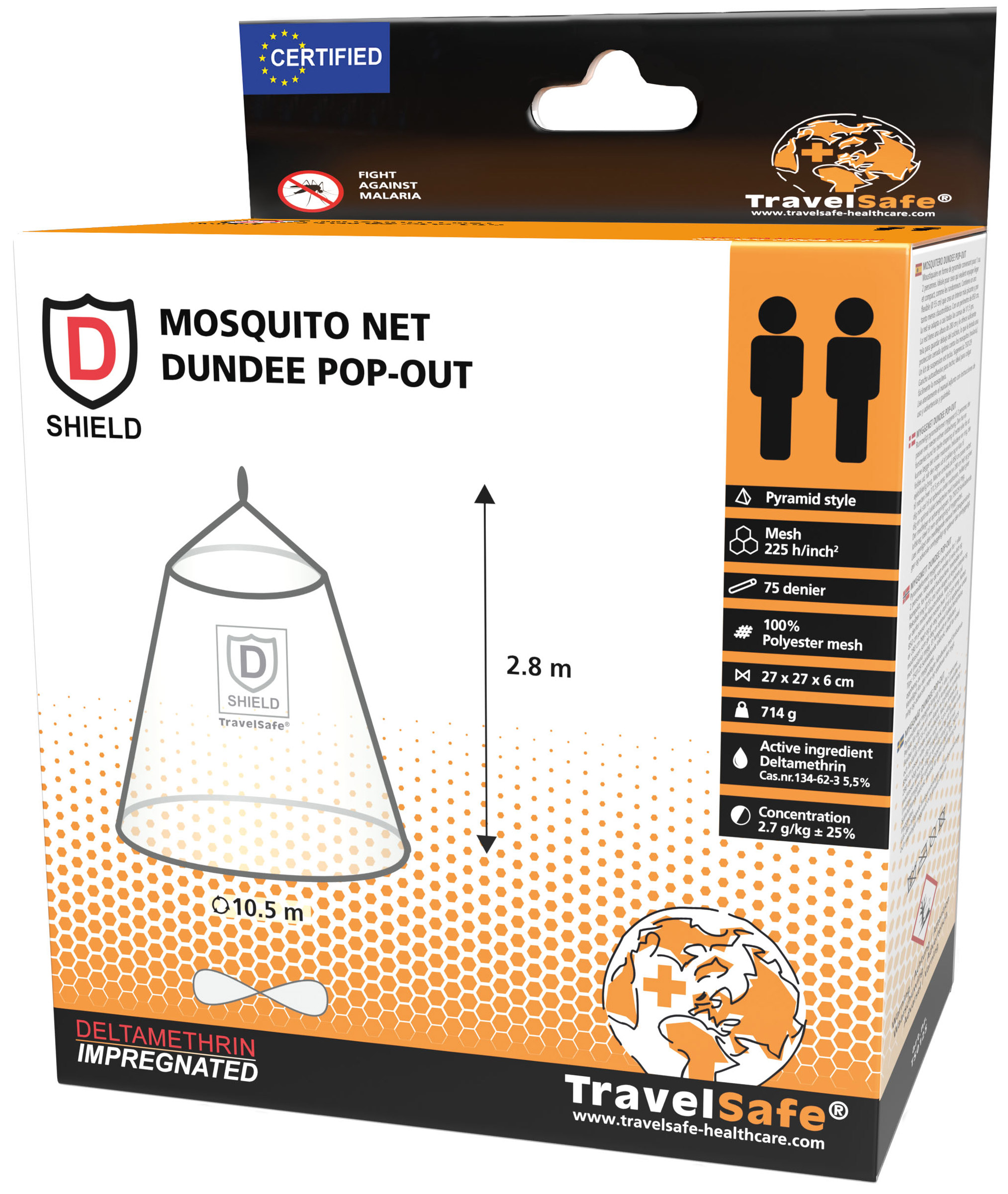 Pop Out  Pyramid Impregnated Mosquito Net,  2 Personer