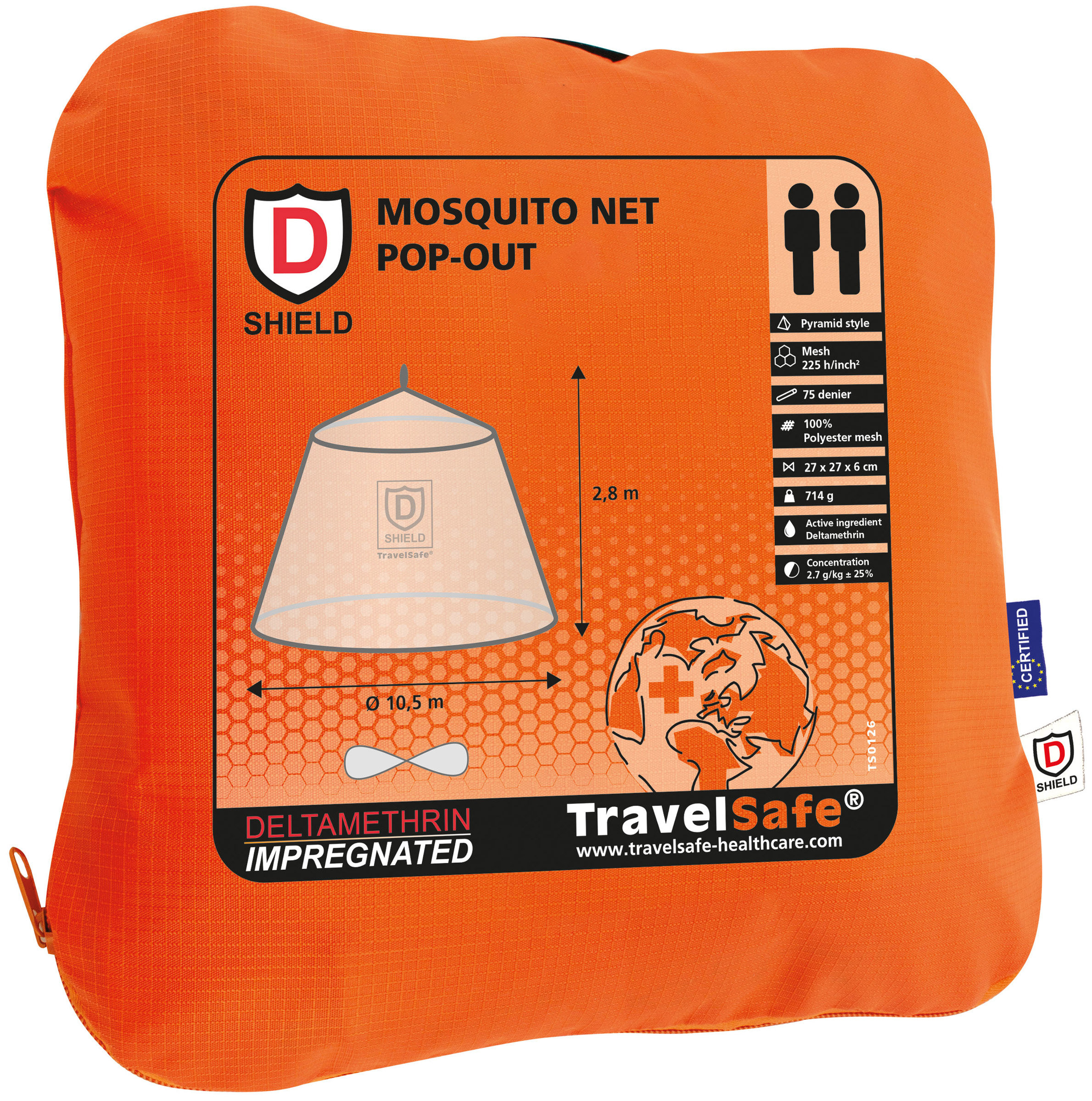 Pop Out  Pyramid Impregnated Mosquito Net,  2 Personer TravelSafe udstyr